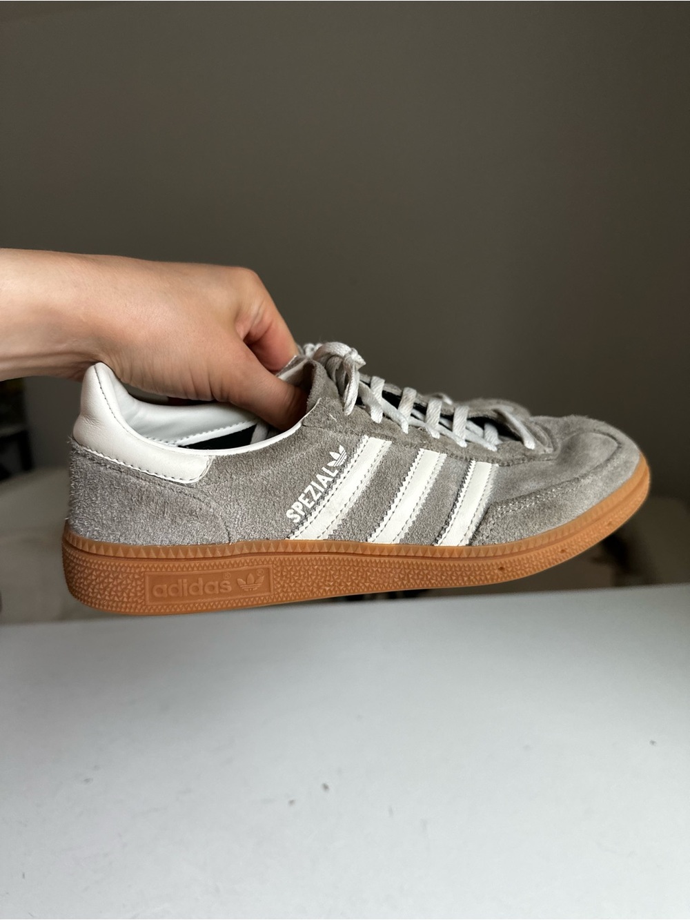 adidas Spezial Suede Sneakers in Light Gray and White with Gum Sole - Picture 8 of 10